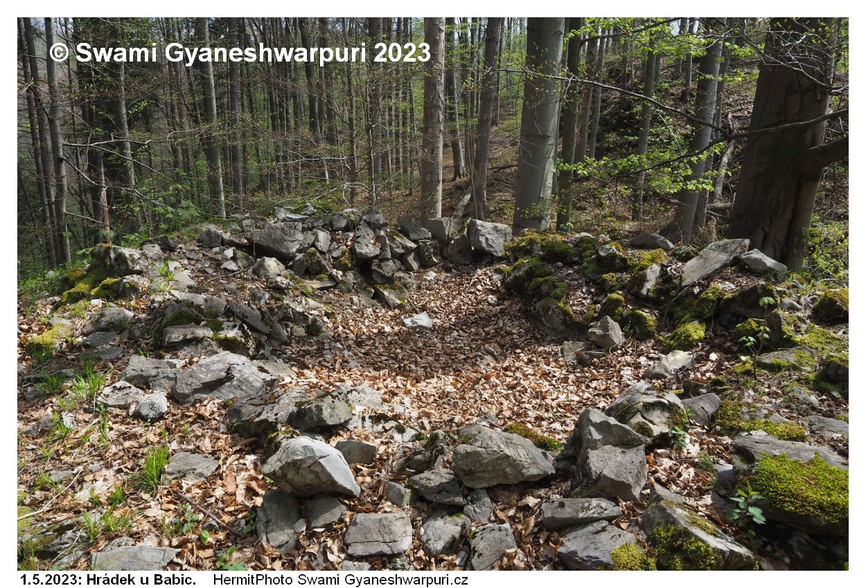 Vcelku nepatrné zbytky stavby z volně ložených kamenů pojených hlínou stavby zvané Hrádek u Babic. Nemohlo se však jednat o poustevnu? Foto: Svámí Gyaneshwarpuri 2023.